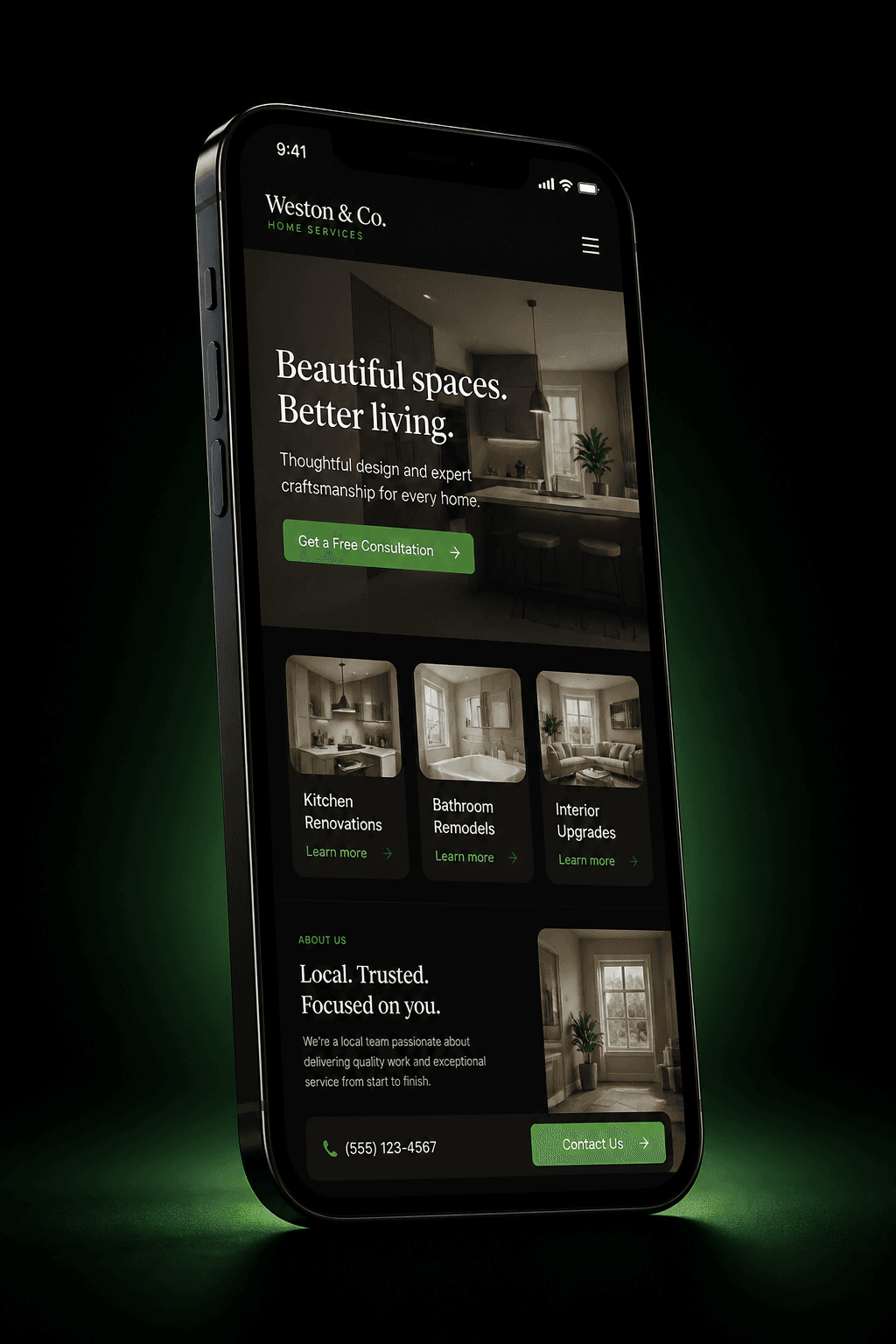 A Found-built mobile business website shown on an iPhone