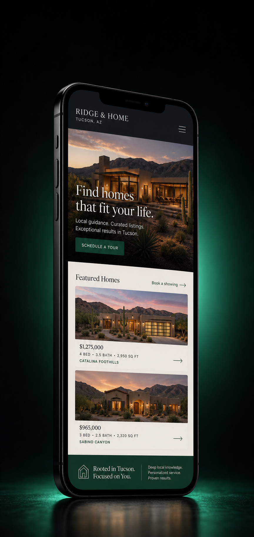 Finished Found real estate website shown on a mobile phone