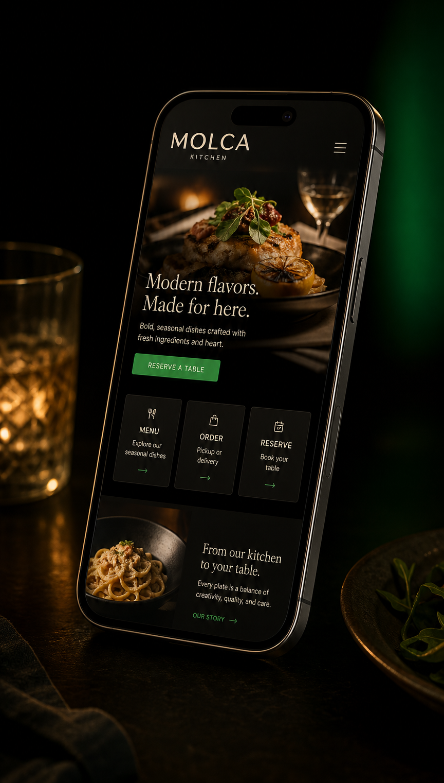 Finished Found restaurant website shown on a mobile phone